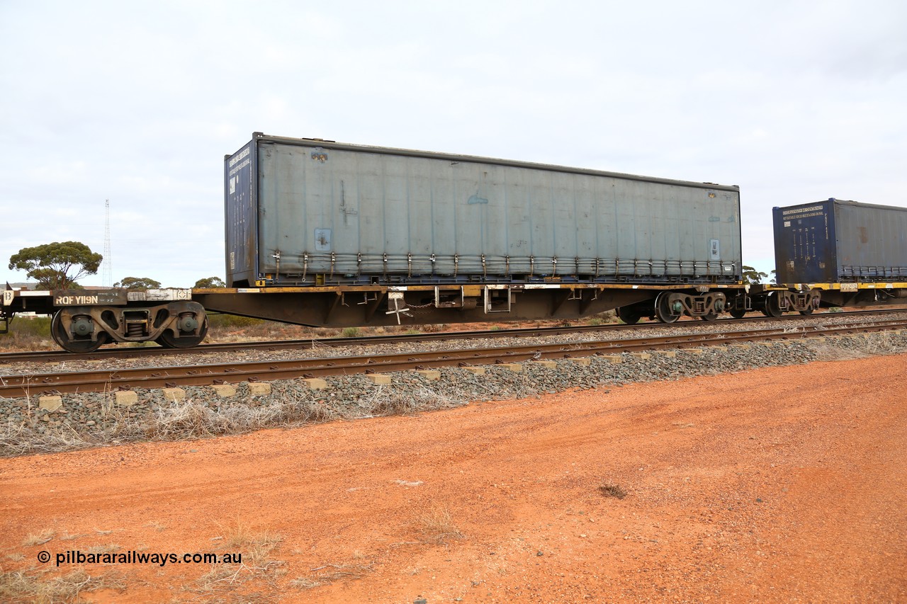 160529 8788
Parkeston, 6MP4 intermodal train, RQFY 119 container waggon, built by Victorian Railways Bendigo Workshops in 1980 as a batch of seventy five VQFX type skeletal container waggons, recoded to VQFY in 1985, recoded in April 1994 RQFY, May 1995 to RQFF and 2CM bogies fitted August 1995, loaded with a 48' Pacific National curtainsider PNXC 4455.
Keywords: RQFY-type;RQFY119;Victorian-Railways-Bendigo-WS;VQFX-type;VQFY-type;RQFF-type;