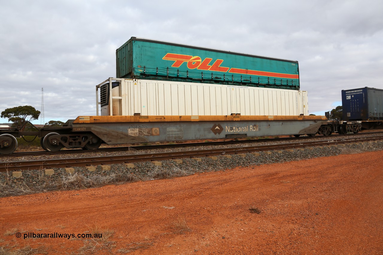 160529 8789
Parkeston, 6MP4 intermodal train, RQZY 7045 platform 5 of 5-pack well waggon set, one of thirty two sets built by Goninan NSW in 1995-96 for National Rail loaded with 46' 6