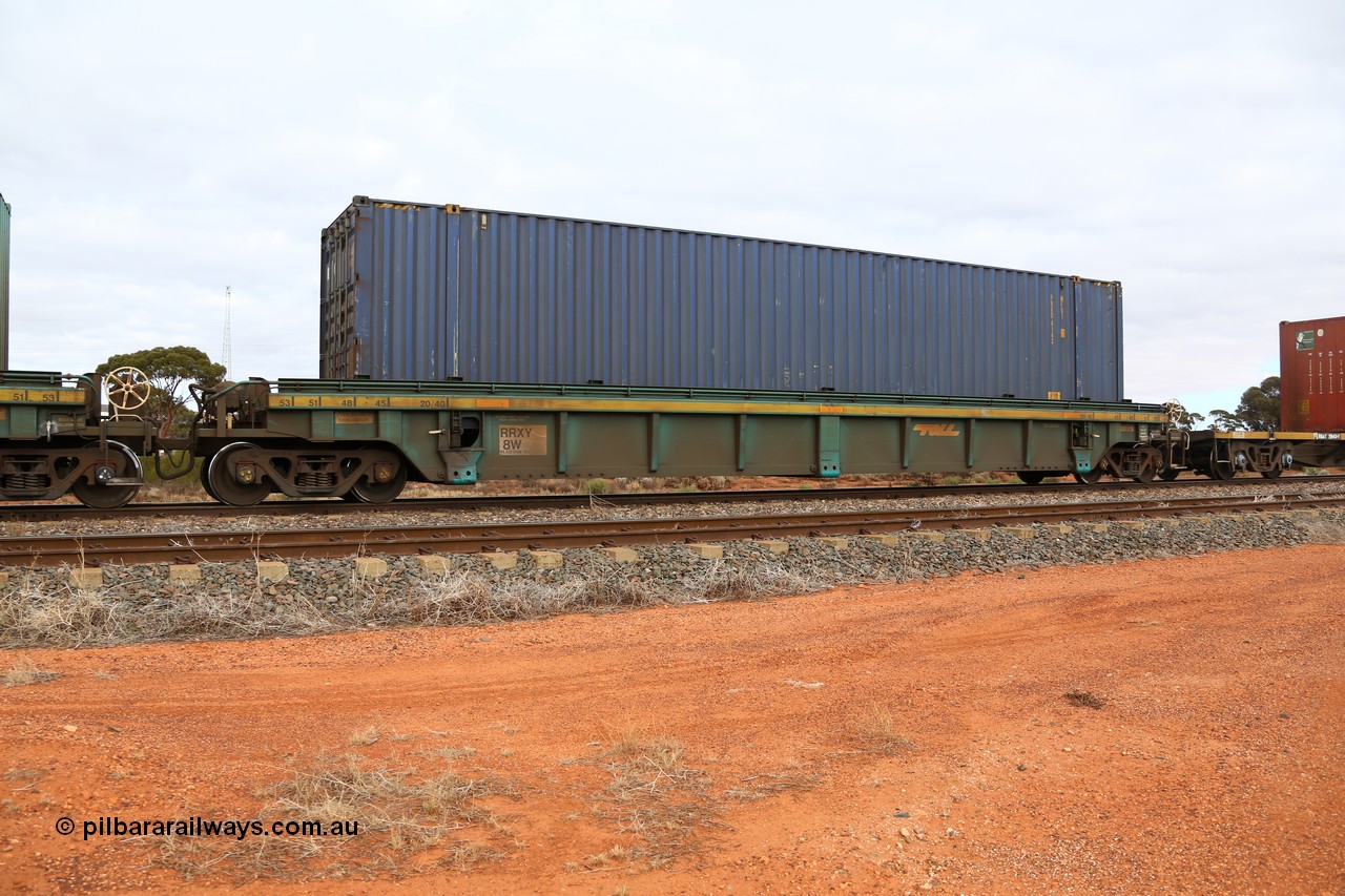 160529 8801
Parkeston, 6MP4 intermodal train, RRXY 8 platform 1 of 5-pack well waggon set, one of eleven built by Bradken Qld in 2002 for Toll from a Williams-Worley design with a 48' Pacific National box PNXD 4143.
Keywords: RRXY-type;RRXY8;Williams-Worley;Bradken-Rail-Qld;