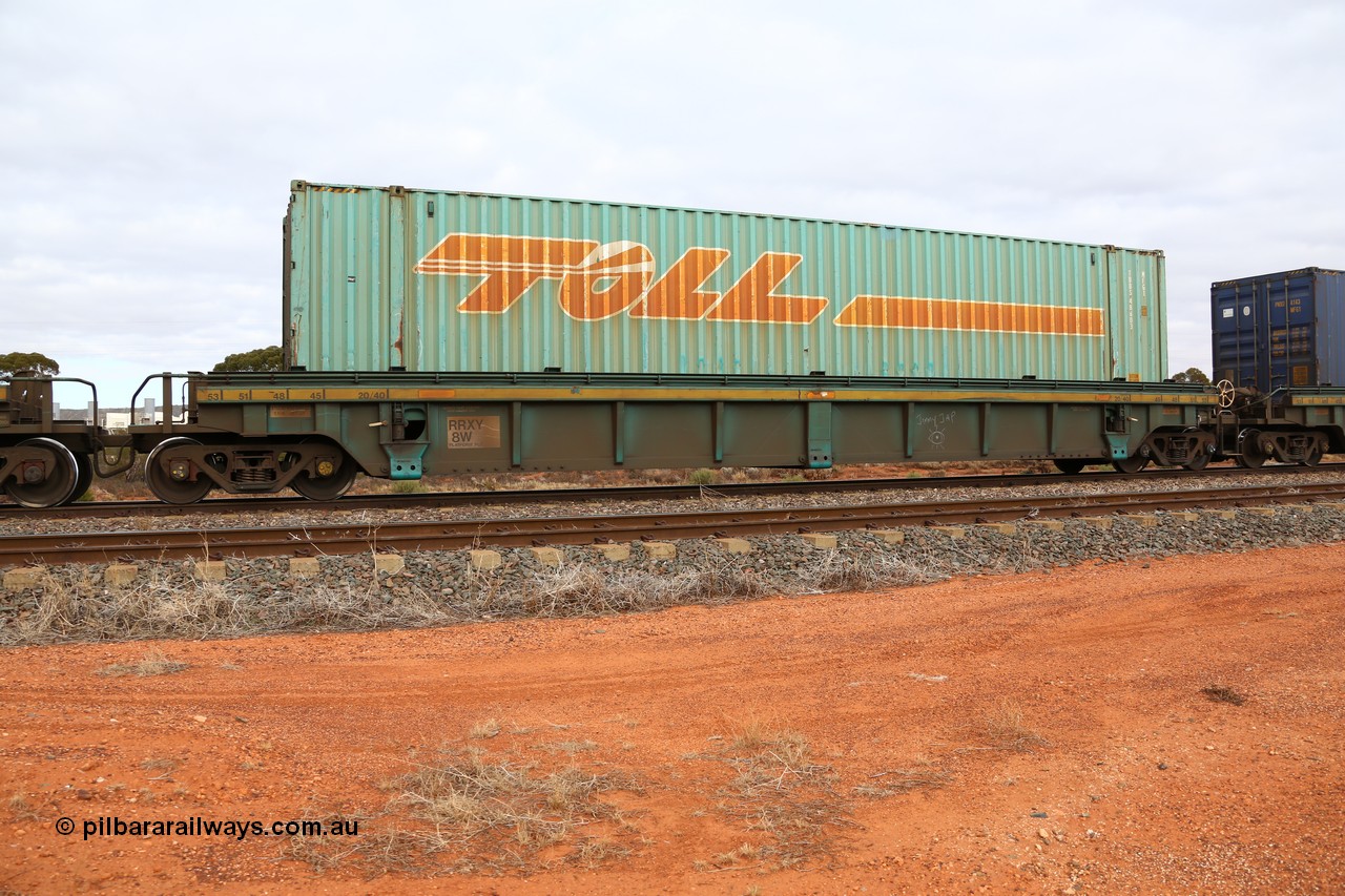160529 8802
Parkeston, 6MP4 intermodal train, RRXY 8 platform 2 of 5-pack well waggon set, one of eleven built by Bradken Qld in 2002 for Toll from a Williams-Worley design with a 48' Toll box TDDS 48603
Keywords: RRXY-type;RRXY8;Williams-Worley;Bradken-Rail-Qld;