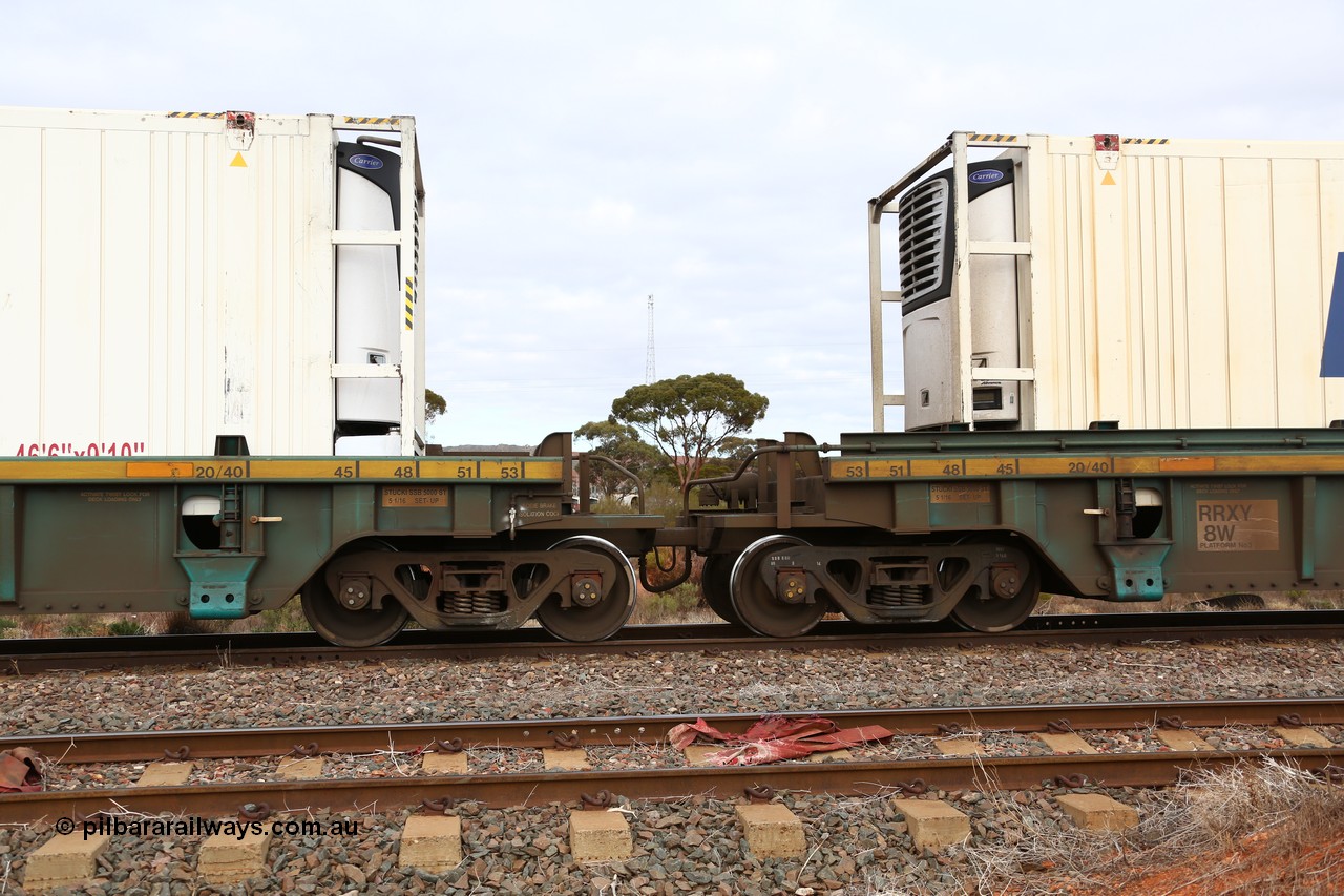160529 8804
Parkeston, 6MP4 intermodal train, RRXY 8 shows the bar coupling and pipes between platform 3 and 4 of 5-pack well waggon set, one of eleven built by Bradken Qld in 2002 for Toll from a Williams-Worley design.
Keywords: RRXY-type;RRXY8;Williams-Worley;Bradken-Rail-Qld;