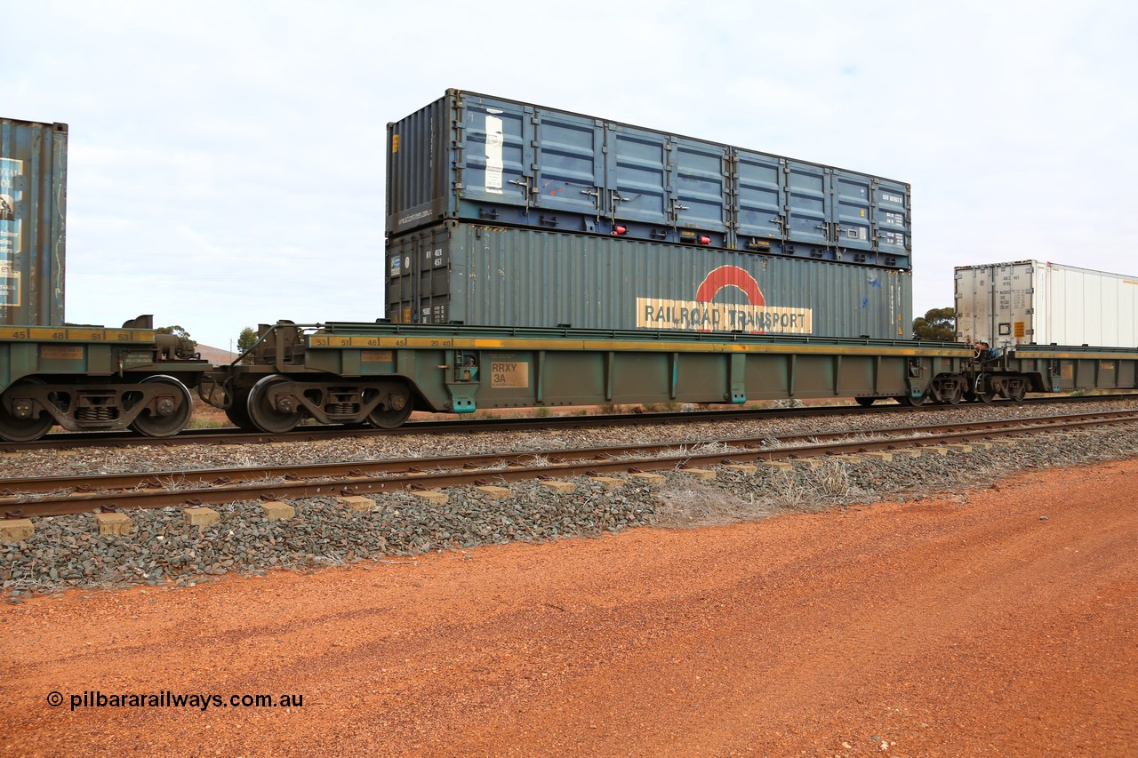 160529 8831
Parkeston, 6MP4 intermodal train, RRXY 3 platform 4 of 5-pack well waggon set, one of eleven built by Bradken Qld in 2002 for Toll from a Williams-Worley design with a 40' Railroad Transport box RTPU 4028 in the well and 40' SCF half height side door SCFU 607063 on top.
Keywords: RRXY-type;RRXY3;Williams-Worley;Bradken-Rail-Qld;