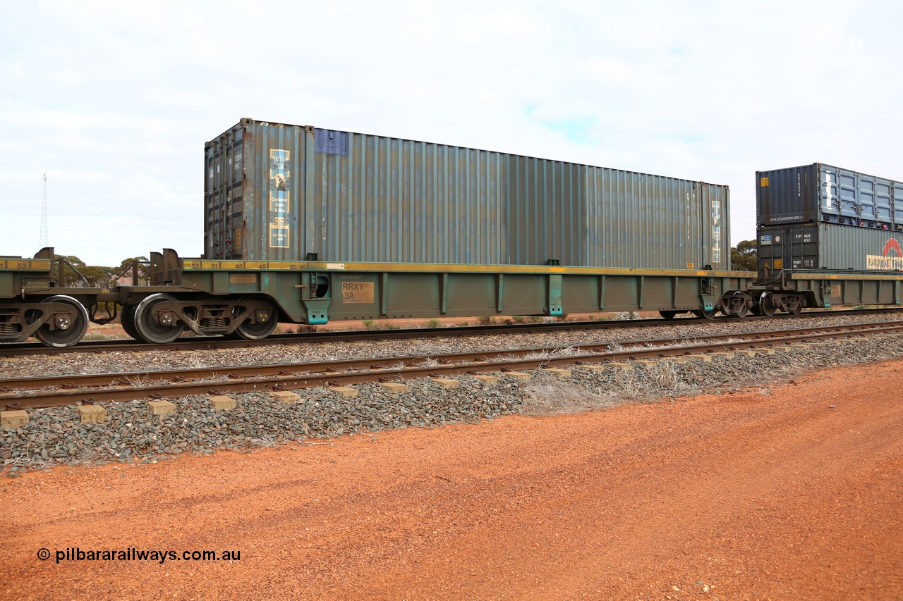 160529 8832
Parkeston, 6MP4 intermodal train, RRXY 3 platform 3 of 5-pack well waggon set, one of eleven built by Bradken Qld in 2002 for Toll from a Williams-Worley design with a 48' Royal Wolf box RWTU 922010.
Keywords: RRXY-type;RRXY3;Williams-Worley;Bradken-Rail-Qld;