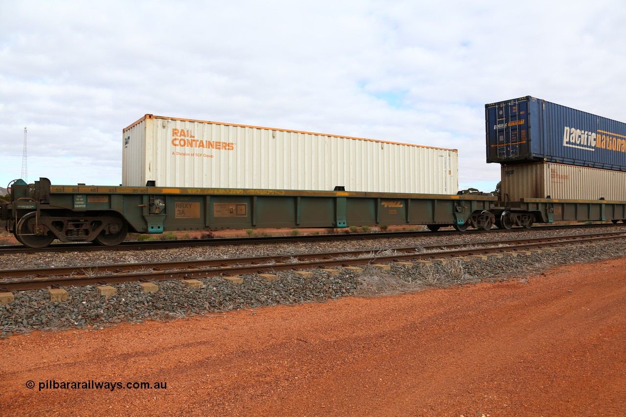 160529 8834
Parkeston, 6MP4 intermodal train, RRXY 3 platform 1 of 5-pack well waggon set, one of eleven built by Bradken Qld in 2002 for Toll from a Williams-Worley design with a 40' Rail Containers box SCFU TSPD 412256.
Keywords: RRXY-type;RRXY3;Williams-Worley;Bradken-Rail-Qld;