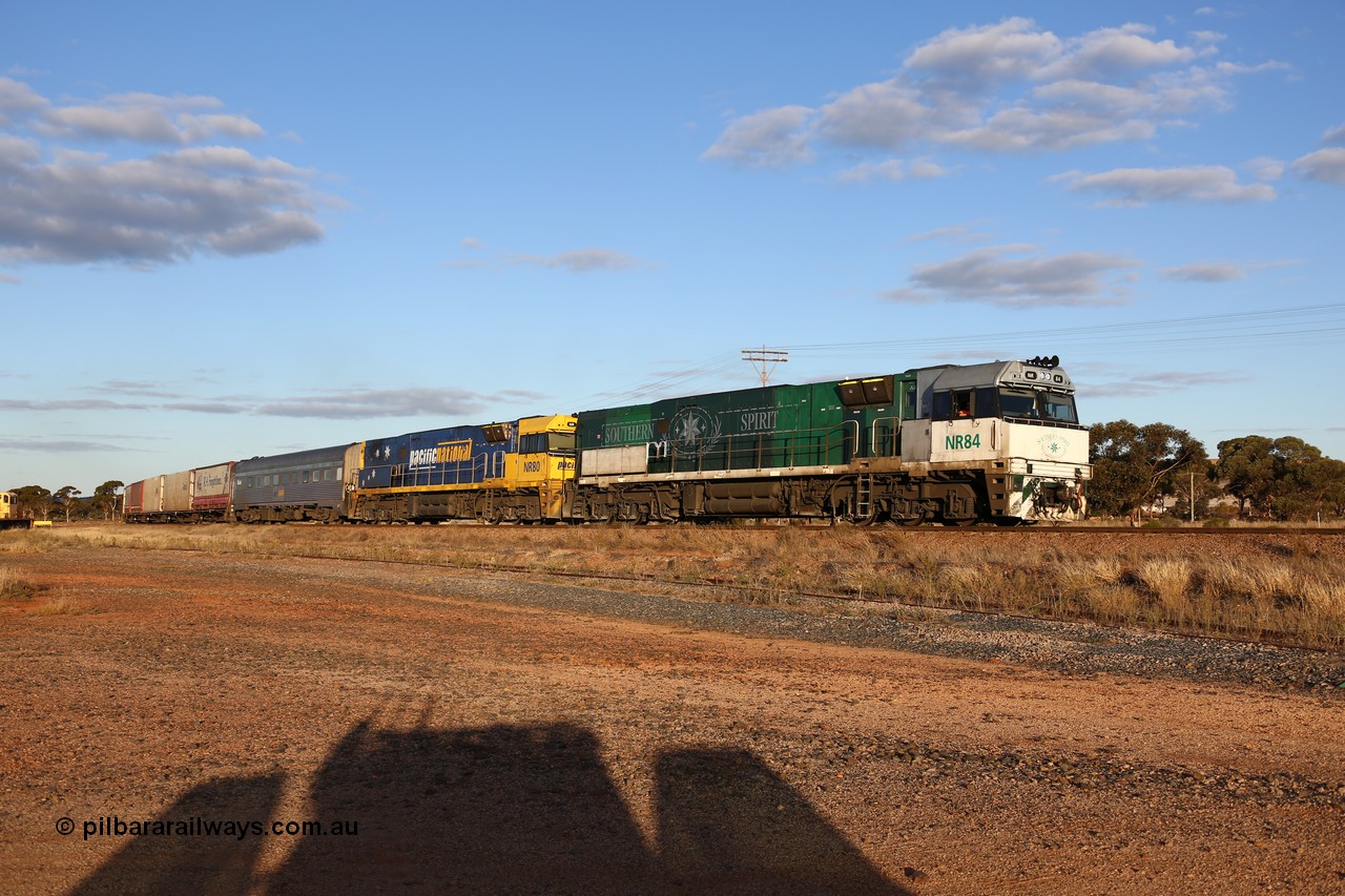 160529 9080
Parkeston, 7MP7 priority service train powers around the curve as it climbs the grade to Kalgoorlie behind a pair of Goninan built GE model Cv40-9i NR class units NR 84 serial 7250-04/97-286 and NR 80 serial 7250-03/97-282. NR 84 wears the Southern Spirit livery and is known as the Minty.
Keywords: NR-class;NR84;NR80;Goninan;GE;Cv40-9i;7250-04/97-286;7250-03/97-282;