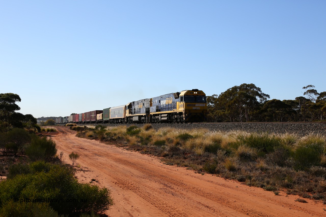160530 9246
Binduli, 7SP3 intermodal service is Perth bound having left West Kalgoorlie behind Goninan built GE model Cv40-9i NR class unit NR 99 serial 7250-07/97-305 leads sister unit NR 59 serial 7250-10/97-261.
Keywords: NR-class;NR99;Goninan;GE;Cv40-9i;7250-07/97-305;