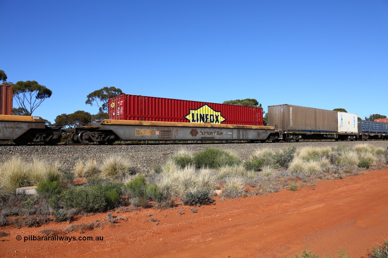 160530 9256
Binduli, 7SP3 intermodal service, RQZY 7953 platform 5 of 5-pack well waggon set built by Goninan NSW in 1995-96, Linfox 48' FGDU 910812.
Keywords: RQZY-type;RQZY7053;Goninan-NSW;