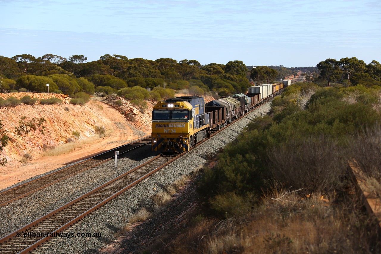 160531 9832
Binduli, 3PM4 steel train, an 80 kph runner with solo Goninan built GE model Cv40-9i NR class unit NR 94 serial 7250-06/97-300 will enter West Kalgoorlie yard to shunt on a crew coach and more empty waggons.
Keywords: NR-class;NR94;Goninan;GE;Cv40-9i;7250-06/97-300;