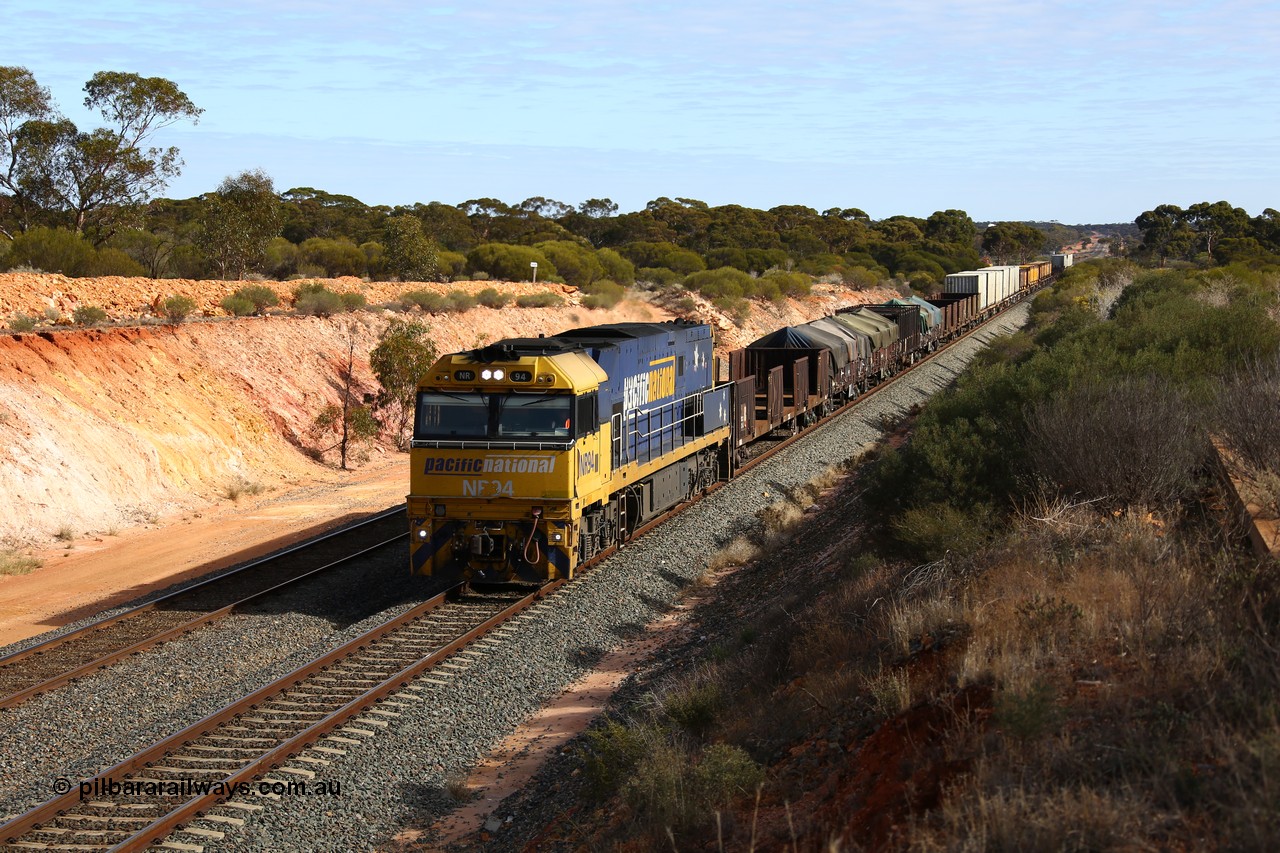 160531 9834
Binduli, 3PM4 steel train, an 80 kph runner with solo Goninan built GE model Cv40-9i NR class unit NR 94 serial 7250-06/97-300 will enter West Kalgoorlie yard to shunt on a crew coach and more empty waggons.
Keywords: NR-class;NR94;Goninan;GE;Cv40-9i;7250-06/97-300;