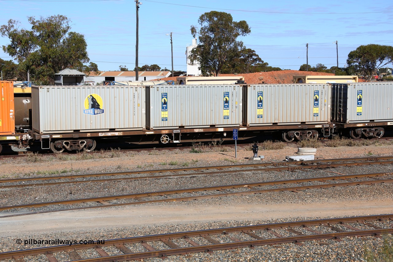 160531 9876
West Kalgoorlie, container waggon RQTY 508 originally built by Victorian Railways Newport Workshops between 1969-72 as part of a batch of two hundred FQX type container waggons, recoded to FQF type in Nov 1977, back to FQX July 1978, to VQCX in May 1979, to VQCY June 1980, then c1985 back to VQCX, and April 1994 to National Rail as RQCX, Mar 1995 to RQCY. Loaded with three 22G1 type 20' Royal Wolf boxes, RWMC 817974, RWMC 815847 and RWMC 815912. 31st of May 2016.
Keywords: RQTY-type;RQTY508;Victorian-Railways-Newport-WS;FQX-type;