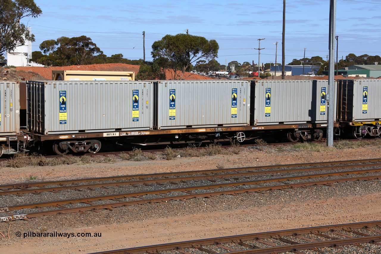 160531 9877
West Kalgoorlie, container waggon RQTY 8 originally built by SAR at Islington Workshops between 1970-72 as part of a batch of seventy two FQX type container waggons. Loaded with three 22G1 type 20' Royal Wolf boxes, RWMC 815927, RWMC 815857 and RWMC 815872. 31st of May 2016.
Keywords: RQTY-type;RQTY8;SAR-Islington-WS;FQX-type;