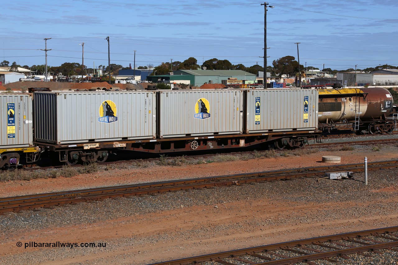 160531 9879
West Kalgoorlie, RRKY type container waggon RRKY 2723, originally built by Perry Engineering SA as part of a batch of forty five RM type container waggons in 1974, before going through several code changes and then fitted with aligned bogies as AQPY. Loaded with three 22G1 type 20' Royal Wolf boxes, RWMC 817983, RWMC 818013 and RWMC 815879. 31st of May 2016.
Keywords: RRKY-type;RRKY2723;Perry-Engineering-SA;RM-type;AQPY-type;AQMP-type;RQKY-type;