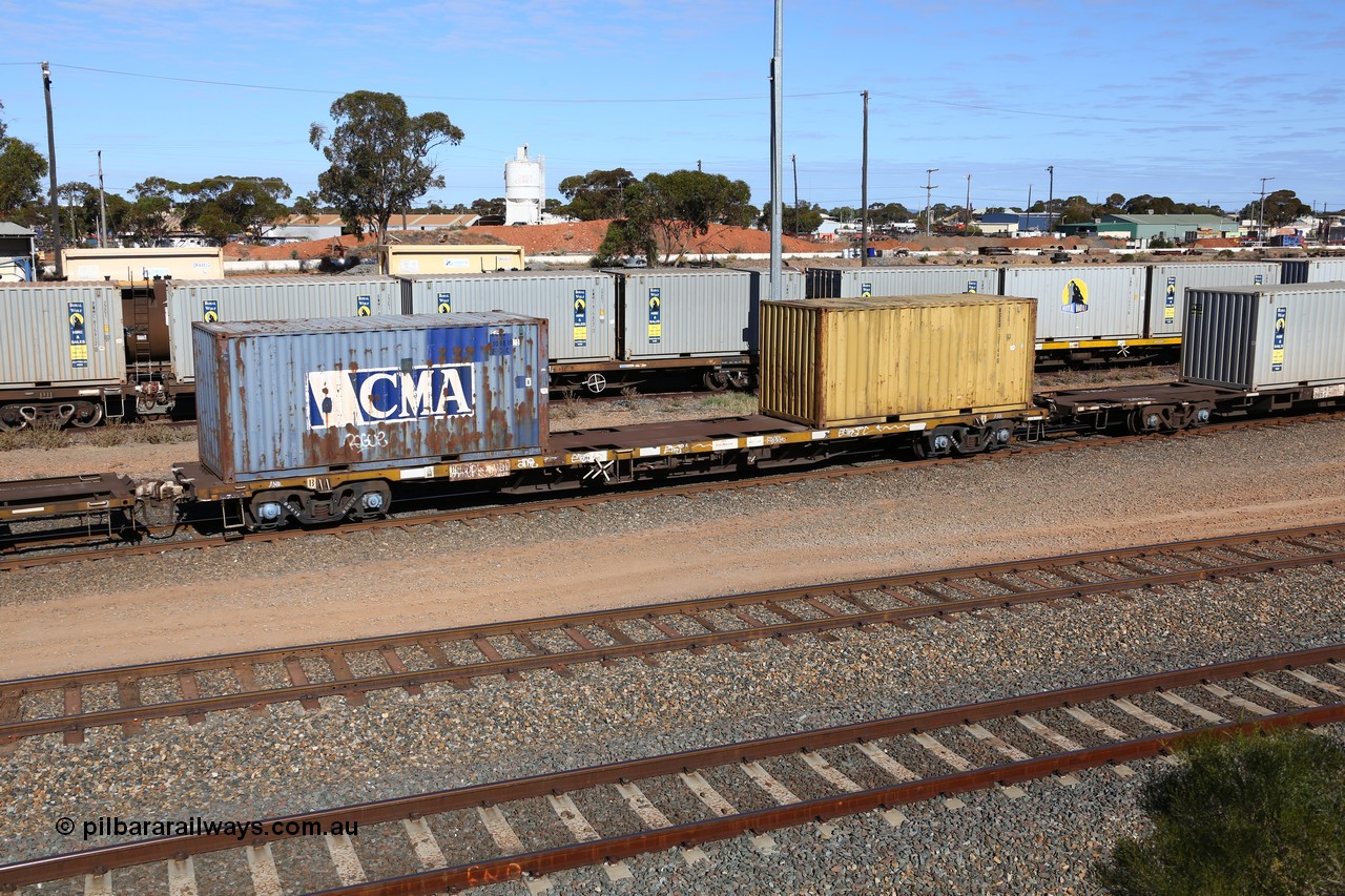 160531 9896
West Kalgoorlie, 1MP2 steel train, container waggon RQGY 34489, one of a hundred built by Tulloch Ltd NSW as OCY type, recoded to NQOY, loaded with a CMA 20' box ECMU 108818 and 20' box RSSU 139744.
Keywords: RQGY-type;RQGY34489;Tulloch-Ltd-NSW;OCY-type;NQOY-type;