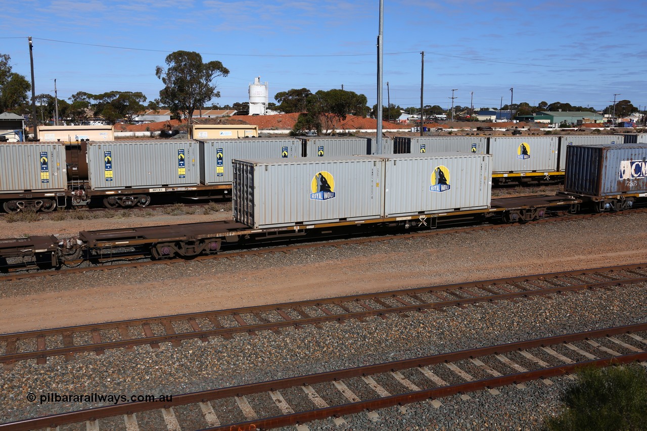 160531 9897
West Kalgoorlie, 1MP2 steel train, RQJW 60010 container waggon, one of fifty built by EPT NSW as NQJW type in 1984-85, with two 20' Royal Wolf boxes RWMC 818002 and RWMC 817997.
Keywords: RQJW-type;RQJW60010;EPT-NSW;NQJW-type;