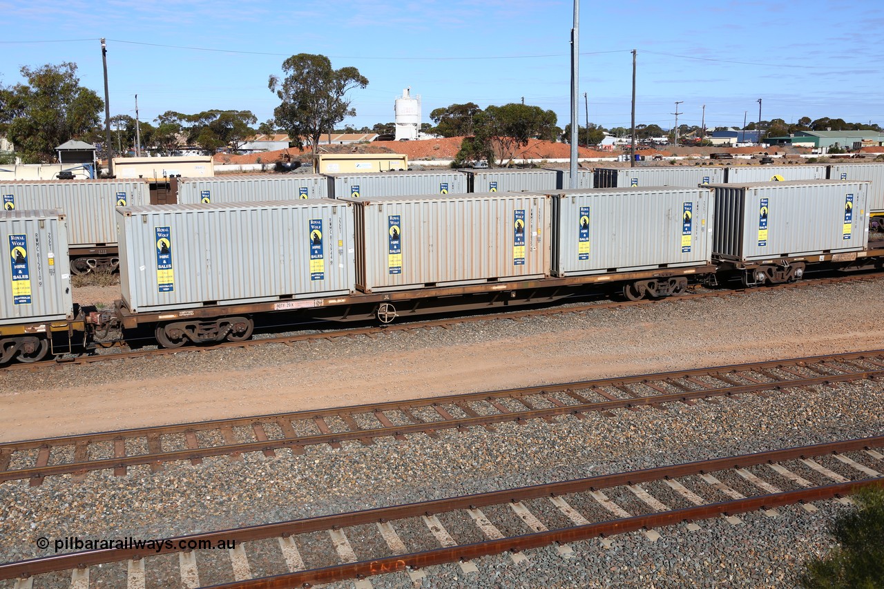 160531 9902
West Kalgoorlie, 1MP2 steel train, container waggon RQTY 29 originally built by SAR at Islington Workshops between 1970-72 as part of a batch of seventy two FQX type container waggons with three 20' Royal Wolf boxes RWMC 815944, RWMC 815825 and RWMC 815899.
Keywords: RQTY-type;RQTY29;SAR-Islington-WS;FQX-type;