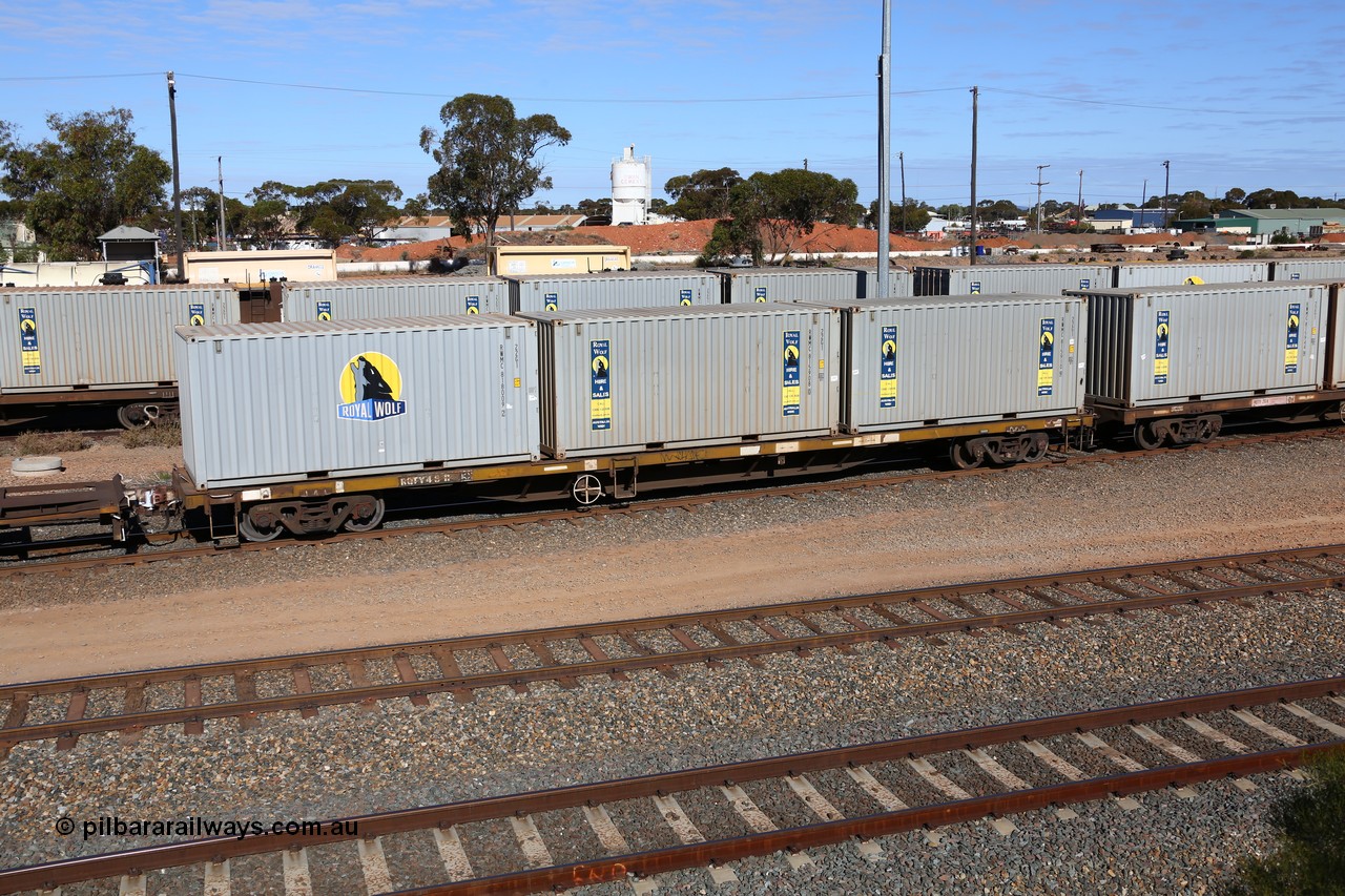160531 9903
West Kalgoorlie, 1MP2 steel train, container waggon RQTY 48 originally built by SAR at Islington Workshops between 1970-72 as part of a batch of seventy two FQX type container waggons, with three 20' Royal Wolf boxes RWMC 818009, RWMC 815908 and RWMC 815910.
Keywords: RQTY-type;RQTY48;SAR-Islington-WS;FQX-type;