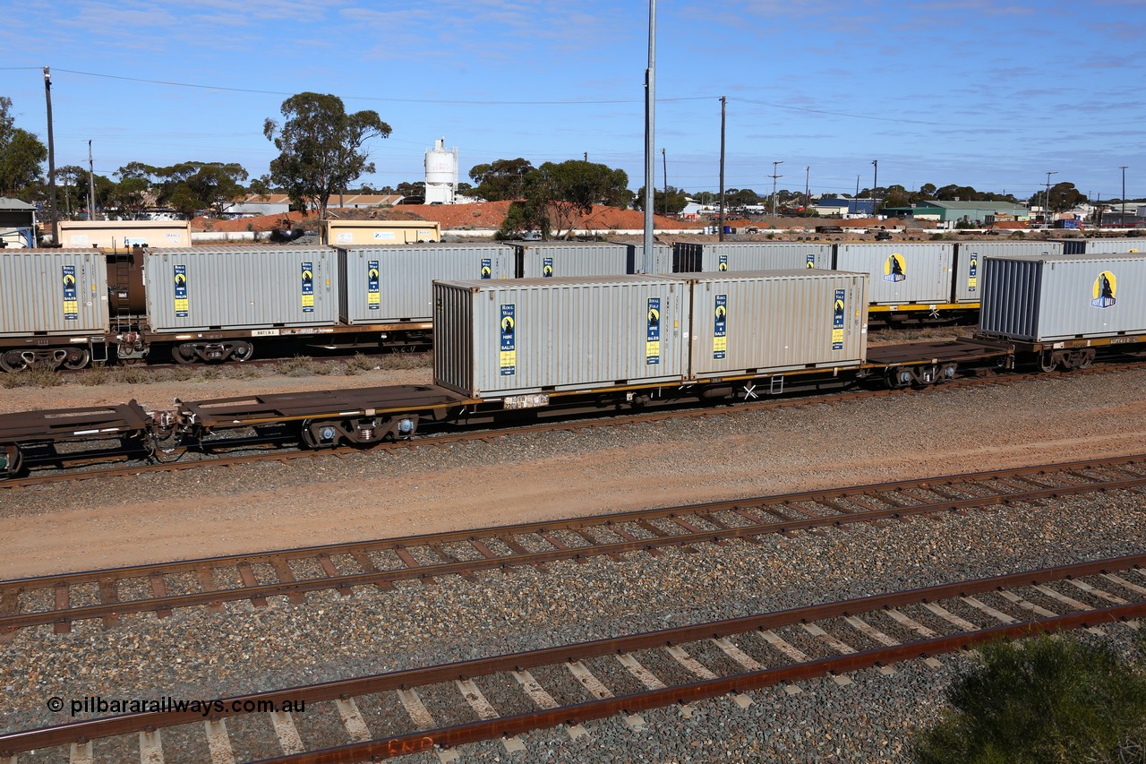 160531 9904
West Kalgoorlie, 1MP2 steel train, container waggon RQWW 22014, one of thirty two JCW type waggons built by Comeng NSW in 1973-74, loaded with two 20' Royal Wolf containers, RWMC 815916 and RWMC 815928.
Keywords: RQWW-type;RQWW22014;Comeng-NSW;JCW-type;NQJW-type;