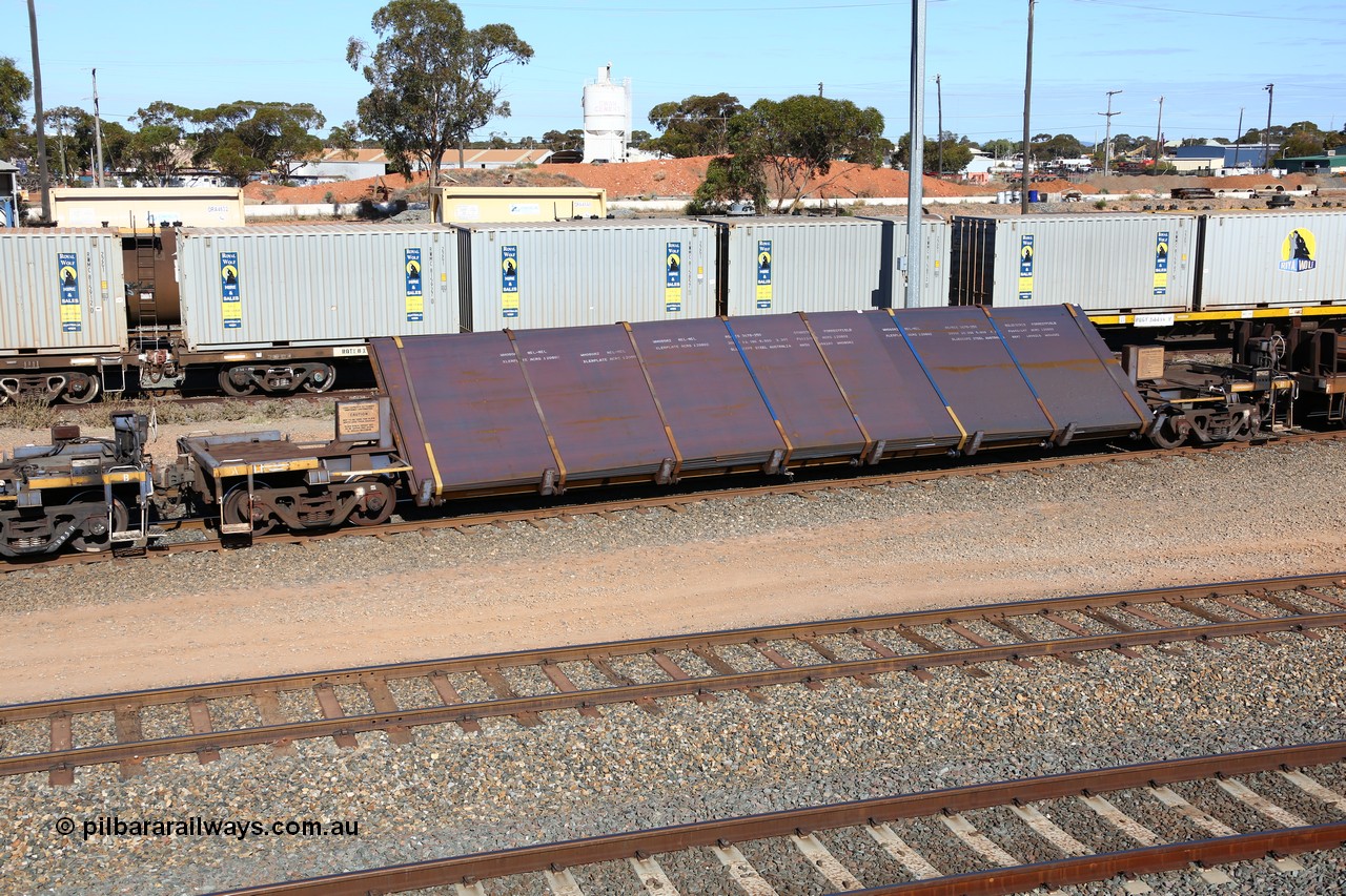 160531 9923
West Kalgoorlie, 1MP2 steel train, RKYY type wide steel plate tilt waggon RKYY 7094 one of twenty seven units built by AN Rail Islington Workshops in 1995-96. Loaded with steel plate.
Keywords: RKYY-type;RKYY7094;AN-Islington-WS;