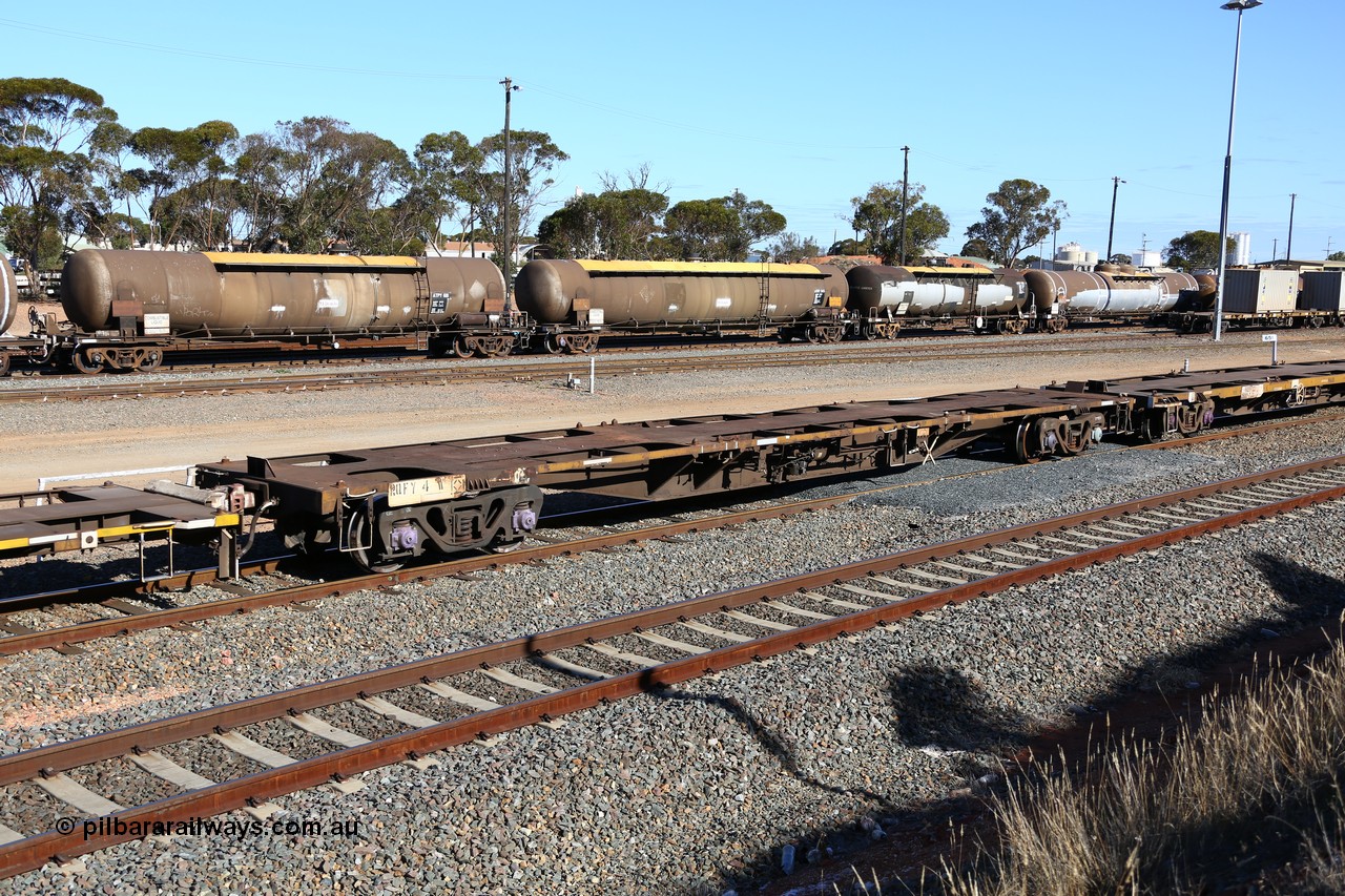 160531 9943
West Kalgoorlie, 3PM4 steel train, empty RQFY 4 container waggon, built by Victorian Railways Bendigo Workshops in April 1978 in a batch of forty QMX type skeletal container waggons, in July 1980 re-coded to VQFX, in October 1994 re-coded to RQFX and 2CM bogies fitted.
Keywords: RQFY-type;RQFY4;Victorian-Railways-Bendigo-WS;QMX-type;