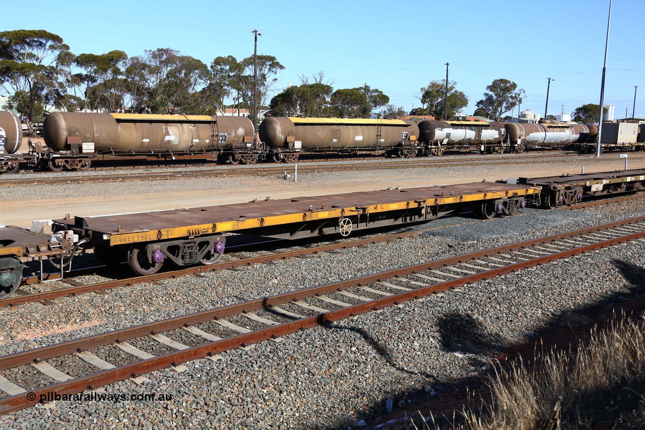 160531 9950
West Kalgoorlie, 3PM4 steel train, empty container waggon VQCY 738, built as an FQX by Victorian Railways Newport Workshops in May 1973, recoded to VQCX in March 1984.
Keywords: VQCY-type;VQCY738;Victorian-Railways-Newport-WS;FQX-type;VQCX-type;