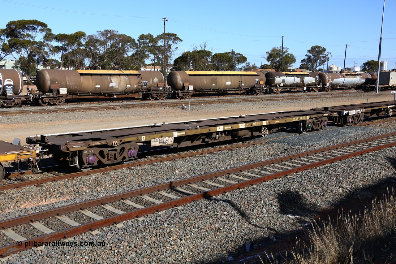 160531 9951
West Kalgoorlie, 3PM4 steel train, empty container waggon RQSY 14972 container waggon originally built by Tulloch Ltd NSW in 1975-76 in a batch of fifty OCY 63' container waggons.
Keywords: RQSY-type;RQSY14972;Tulloch-Ltd-NSW;OCY-type;