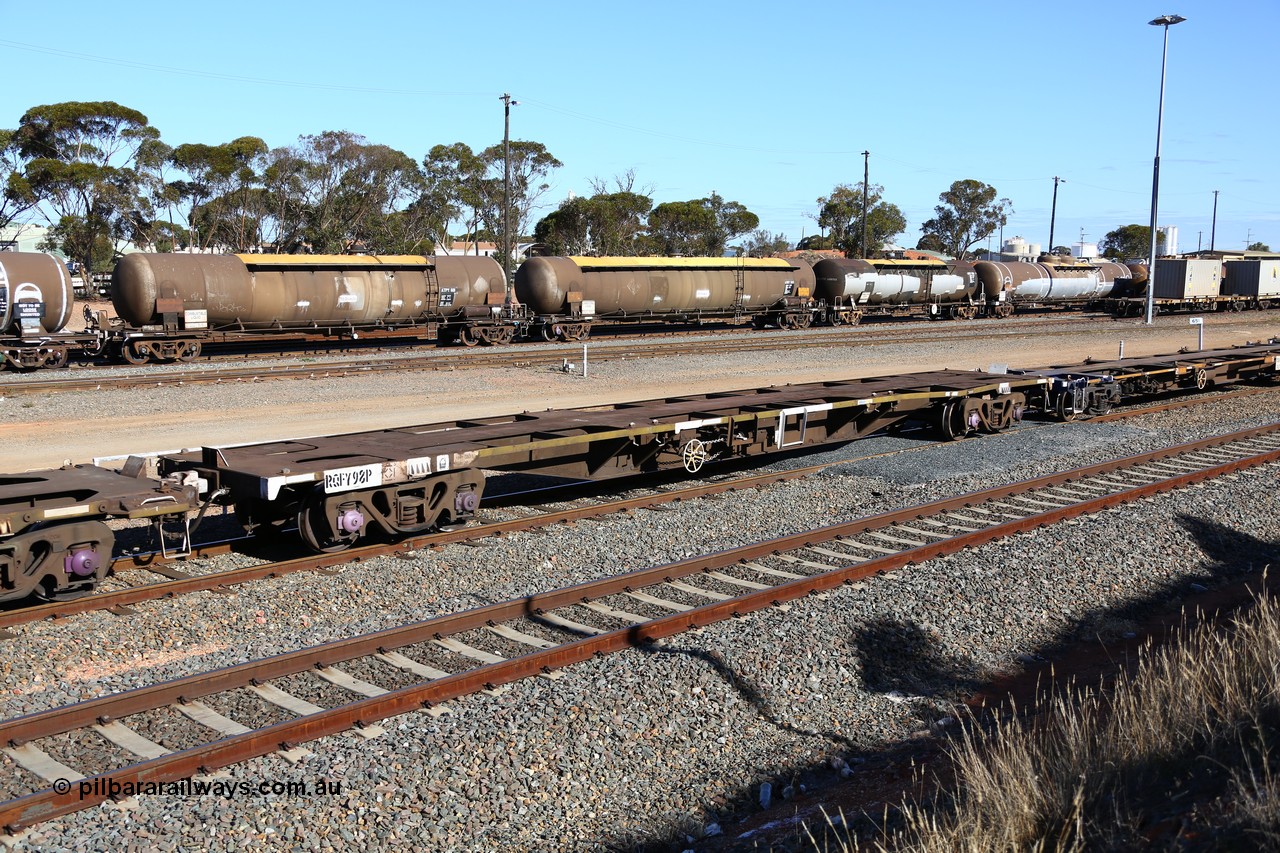 160531 9952
West Kalgoorlie, 3PM4 steel train, empty RQFY 98 container waggon, built by Victorian Railways Bendigo Workshops in 1980 as a batch of seventy five VQFX type skeletal container waggons, recoded to VQFY c1985, then RQFY May 1994, May 1995 to RQFF, then 2CM bogies fitted in Aug 1995 and current code Jan 1997.
Keywords: RQFY-type;RQFY98;Victorian-Railways-Bendigo-WS;VQFX-type;