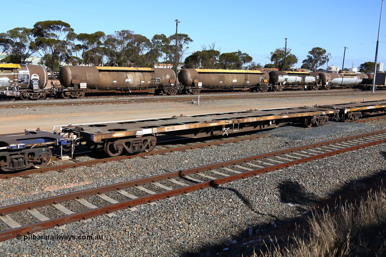 160531 9954
West Kalgoorlie, 3PM4 steel train, empty container waggon RQTY 538 originally built by Victorian Railways Newport Workshops between 1969-72 as part of a batch of two hundred FQX type container waggons, recoded to FQF type in Nov 1977, to VQCY in Sept 1979, Oct 1994 to National Rail as RQCX. 
Keywords: RQTY-type;RQTY538;Victorian-Railways-Newport-WS;FQX-type;FQF-type;VQCY-type;RQCY-type;