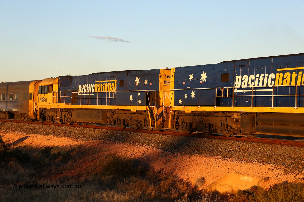 160601 10090
West Kalgoorlie, 2MP5 intermodal service climbs up the grade from Kalgoorlie, Goninan built GE model Cv40-9i NR class unit NR 64 serial 7250-11/96-266, as the sun goes down.
Keywords: NR-class;NR64;Goninan;GE;Cv40-9i;7250-11/96-266;