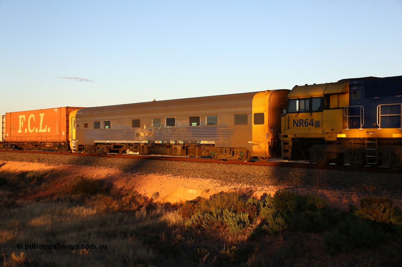 160601 10091
West Kalgoorlie, 2MP5 intermodal train, crew accommodation coach RZAY 283, built by Comeng NSW in 1972 as type ARJ, stainless steel, air conditioned, first class roomette sleeping coach, converted by AN Rail Port Augusta Workshops in 1997 to RZAY.
Keywords: RZAY-type;RZAY283;Comeng-NSW;ARJ-type;ARJ283;