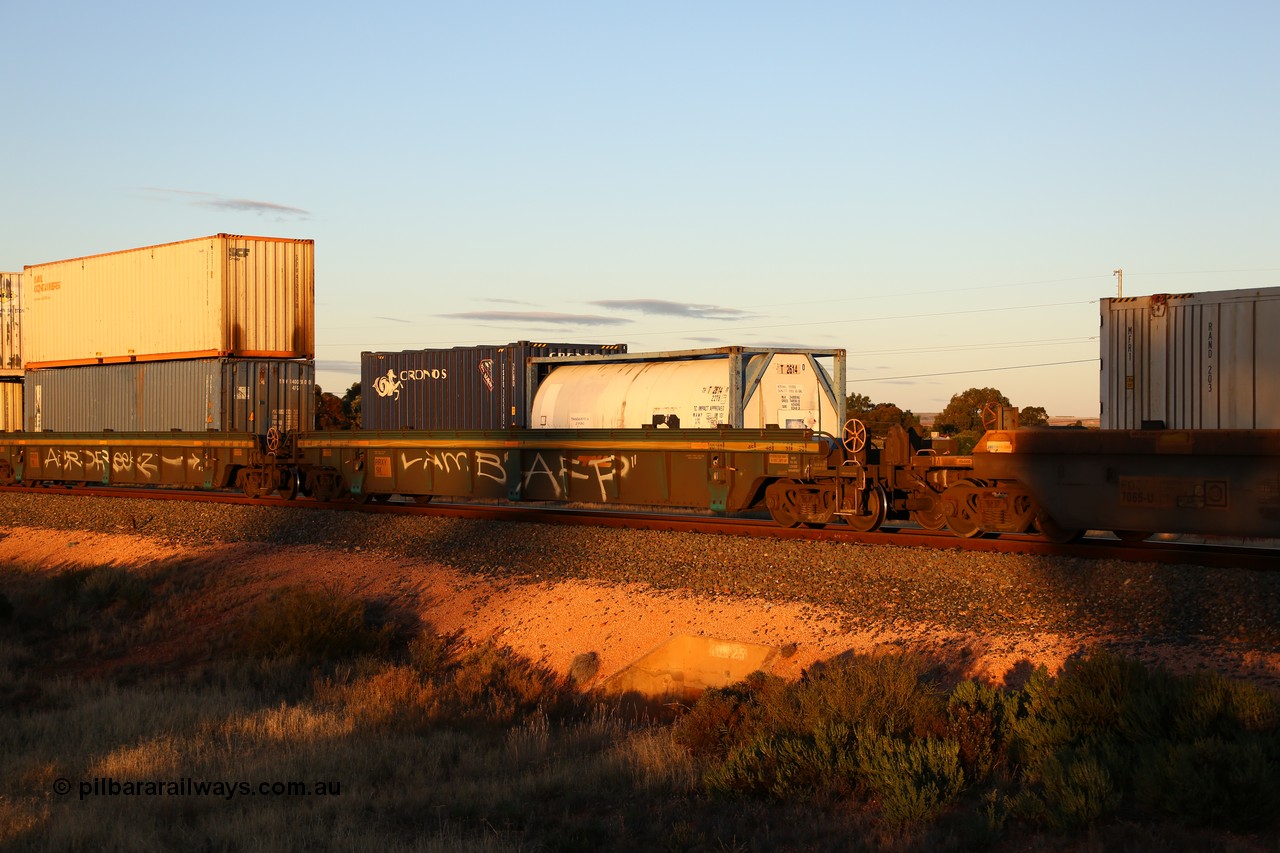 160601 10116
West Kalgoorlie, 2MP5 intermodal train, RRXY 9 platform 1 of 5-pack well waggon set, one of eleven built by Bradken Qld in 2002 for Toll from a Williams-Worley design with a 20' Transamerica Leasing 22T6 type ISO tank T 2614 and a 20' Cronos 2EB0 type box TSPD 122162.
Keywords: RRXY-type;RRXY9;Williams-Worley;Bradken-Rail-Qld;