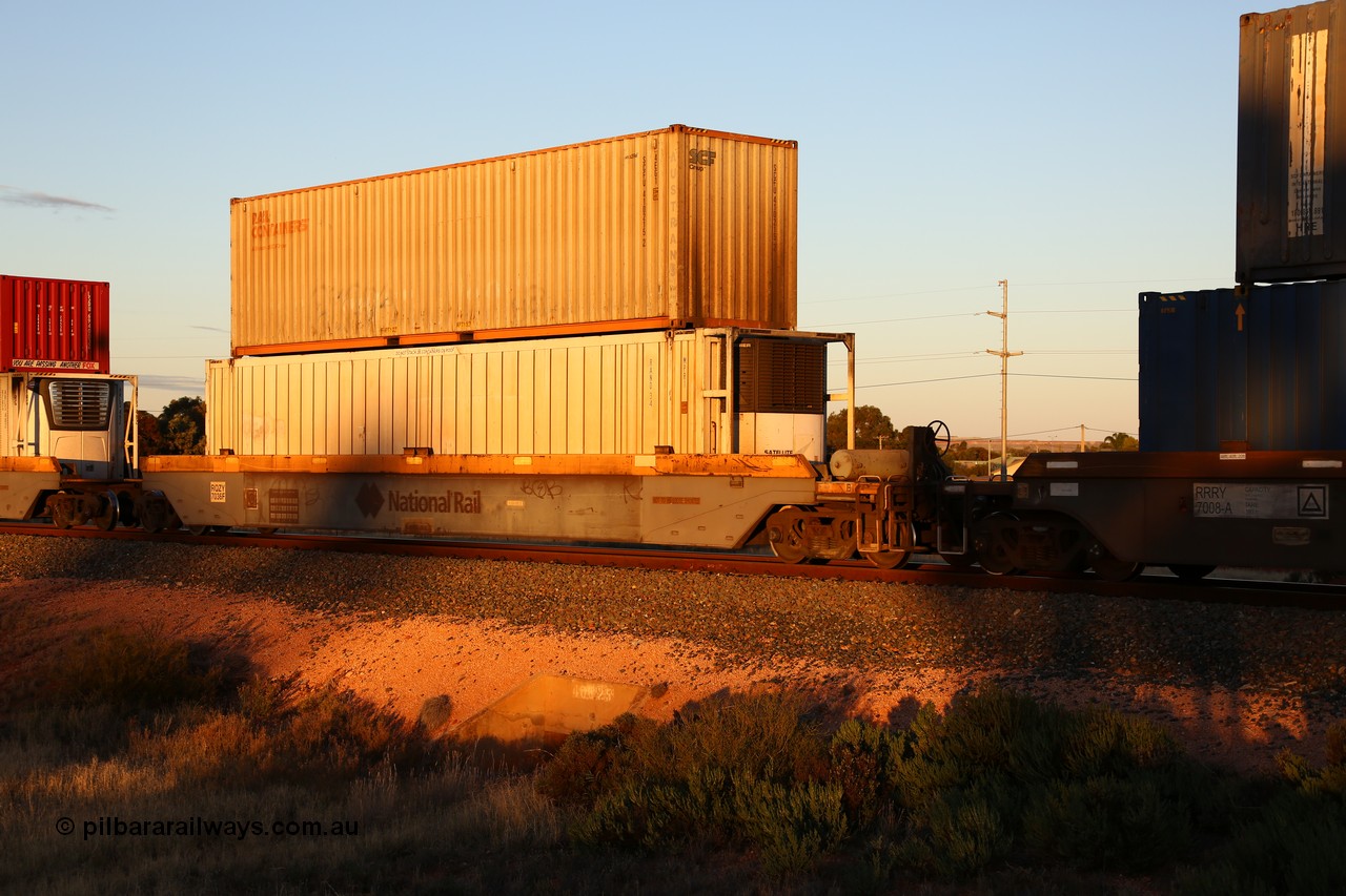 160601 10126
West Kalgoorlie, 2MP5 intermodal train, RQZY 7036 platform 5 of 5-pack well waggon set one of thirty two waggon sets built by Goninan NSW for National Rail in 1995-96, Rand 46' 6