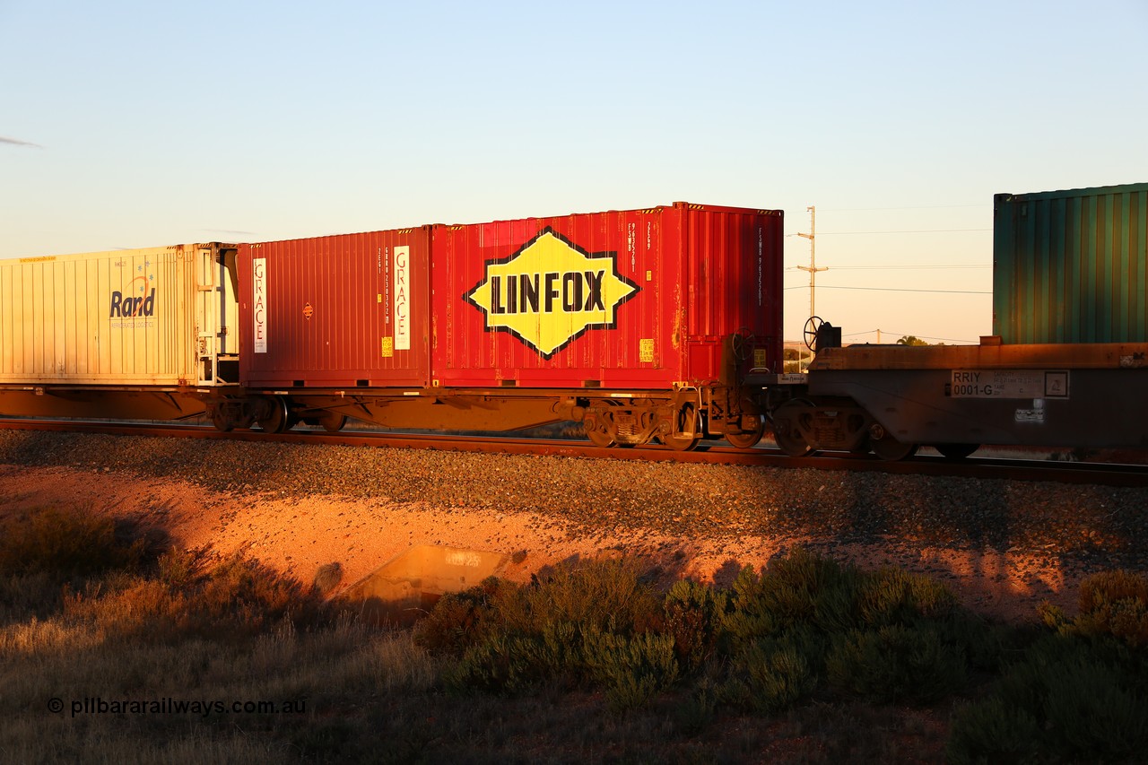 160601 10132
West Kalgoorlie, 2MP5 intermodal train, RRGY 7133 40' platform 1 of 5-pack articulated skel waggon, one of fifty built by AN Rail Islington Workshops in 1996-97 as type RRBY, later rebuilt with 48' intermediate decks and coded RRGY, two 20' boxes, Linfox 2EG9 type FSWB 9635201 and Grace 2EG1 type GRRU 230352[7].
Keywords: RRGY-type;RRGY7133;AN-Islington-WS;RRBY-type;