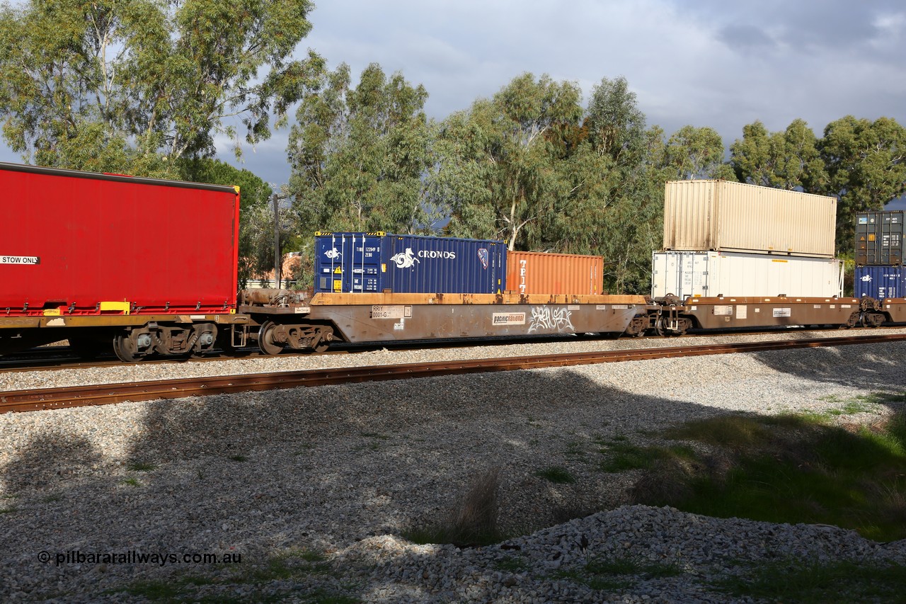 160609 0413
Woodbridge, 5PM5 intermodal train, RRIY 0001 well waggon, a single well waggon rebuilt by Gemco WA from donor waggon five well set RQZY 7061 in 2006, with a 20' Cronos 2EB0 type box TINB 122849[0] and a 20' Triton 22G1type box TCKU 1335##.
Keywords: RRIY-type;RRIY0001;Gemco-Rail-WA;RQZY-type;Goninan-NSW;