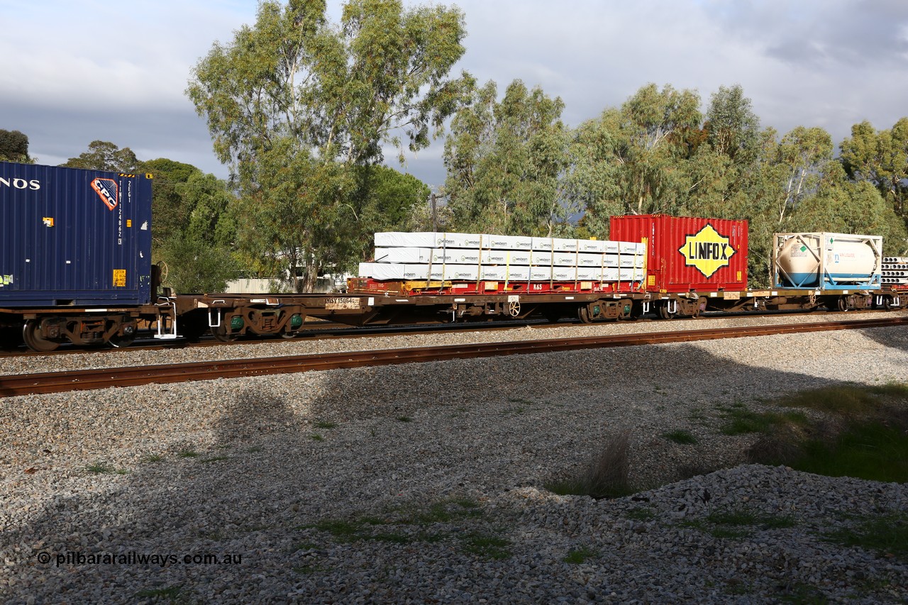 160609 0431
Woodbridge, 5PM5 intermodal train, RQSY 15064, one of seventy that Comeng NSW built as OCY type container flat waggon in 1974-75, recoded to NQOY, then NQSY and NQBY with a K&S 40' flatrack KHS 400790 with Wesbeam products.
Keywords: RQSY-type;RQSY15064;Comeng-NSW;OCY-type;