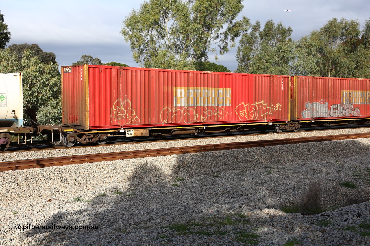 160609 0458
Woodbridge, 5PM5 intermodal train, RRYY 22, platform 1 of 5-pack articulated low profile skel waggon set, one of fifty two such sets built by Bradken Rail Braemar NSW from a Williams-Worley design, based on the TNT TRAY type for moving automotive carrying containers, with a Patrick 53' automotive container A 135.
Keywords: RRYY-type;RRYY22;Williams-Worley;Bradken-NSW;