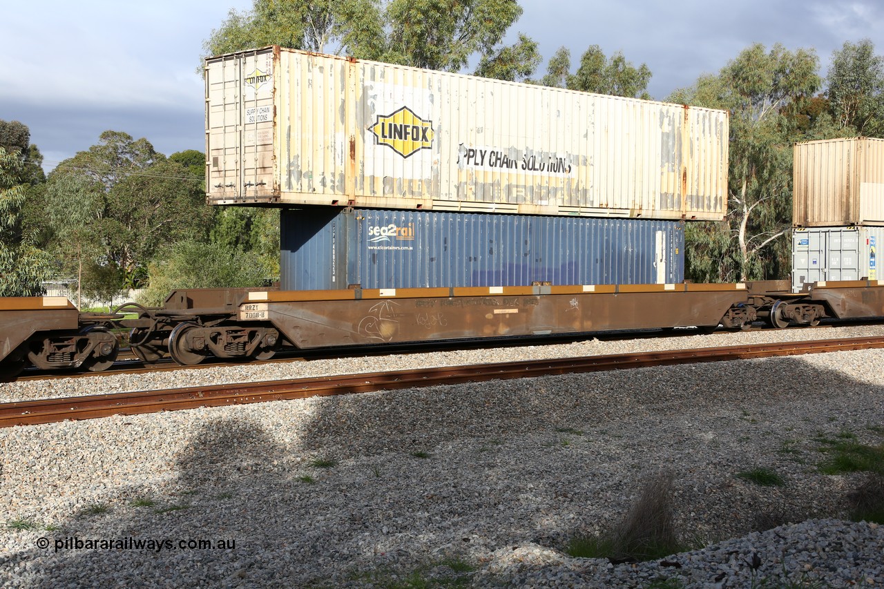 160609 0467
Woodbridge, 5PM5 intermodal train, RRZY 7008 platform 2 of 5-pack well waggon set, the prototype of the RQZY type, first of twenty six sets built by Goninan in 1995-96 for National Rail, later rebuilt and recoded RRZY, double stacked with a Linfox 53' automobile container DRC 448 and a sea2rail 40' 4EG1 type box TSPD 408223[0].
Keywords: RRZY-type;RRZY7008;Goninan-NSW;RQZY-type;