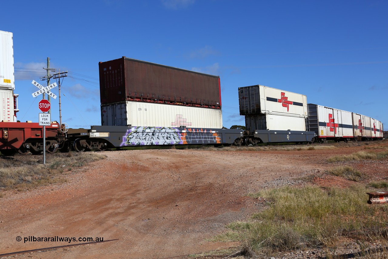 160522 2228
Parkeston, SCT train 6MP9 operating from Melbourne to Perth, CQWY type CQWY 5007-1 with a SCT 40' reefer SCTR 130 and RWTU 903034 40' curtain sider on top. The CQWY was built by Bluebird Rail Operations in South Australia in 2008 as a batch of sixty pairs.
Keywords: CQWY-type;CQWY5007;CFCLA;Bluebird-Rail-Operations-SA;