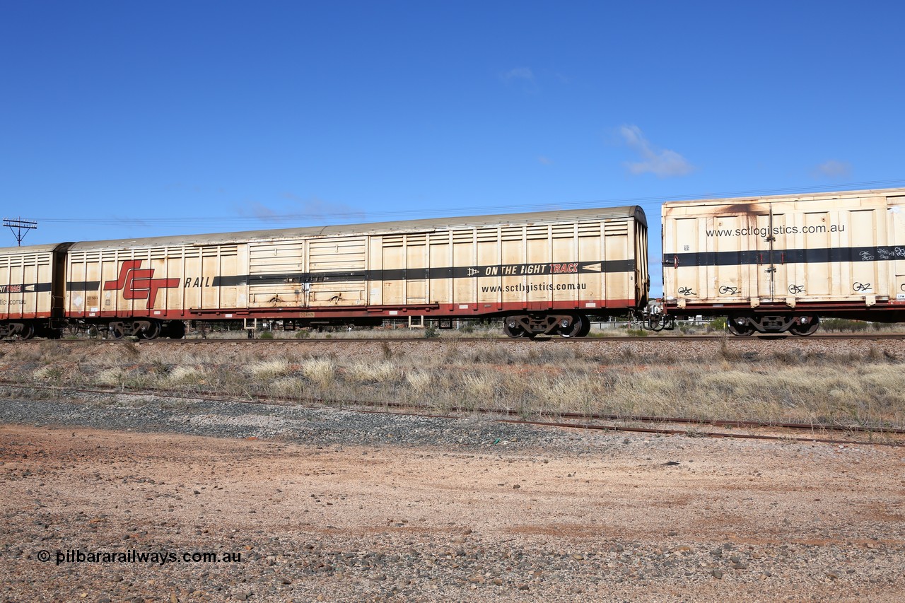 160522 2237
Parkeston, SCT train 6MP9 operating from Melbourne to Perth, ABSY type ABSY 2490 covered van, originally built by Mechanical Handling Ltd SA in 1972 for Commonwealth Railways as VFX type recoded to ABFX and then RBFX before being converted by Gemco WA to ABSY type in 2004/05.
Keywords: ABSY-type;ABSY2490;Mechanical-Handling-Ltd-SA;VFX-type;ABFY-type;