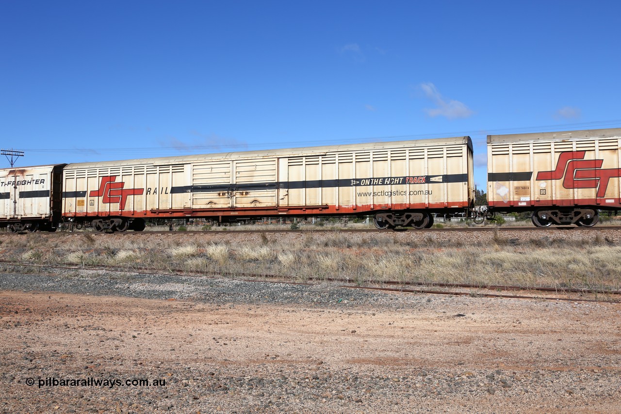 160522 2238
Parkeston, SCT train 6MP9 operating from Melbourne to Perth, ABSY type ABSY 3089 covered van, originally built by Comeng WA in 1977 for Commonwealth Railways as VFX type, recoded to ABFX and ABFY before conversion by Gemco WA to ABSY.
Keywords: ABSY-type;ABSY3089;Comeng-WA;VFX-type;ABFY-type;