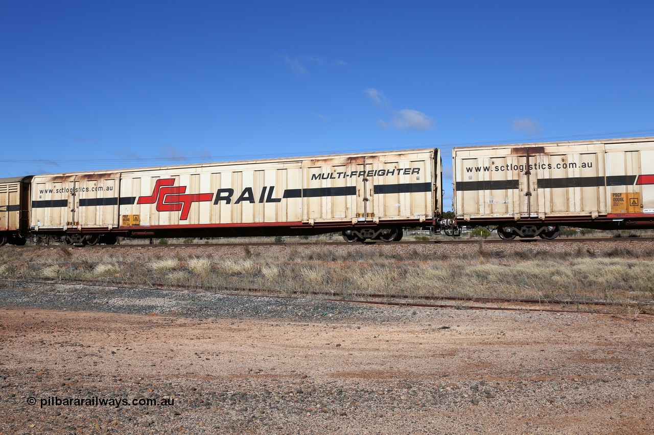 160522 2251
Parkeston, SCT train 6MP9 operating from Melbourne to Perth, PBGY type covered van PBGY 0039 Multi-Freighter, one of eighty two waggons built by Queensland Rail Redbank Workshops in 2005.
Keywords: PBGY-type;PBGY0039;Qld-Rail-Redbank-WS;