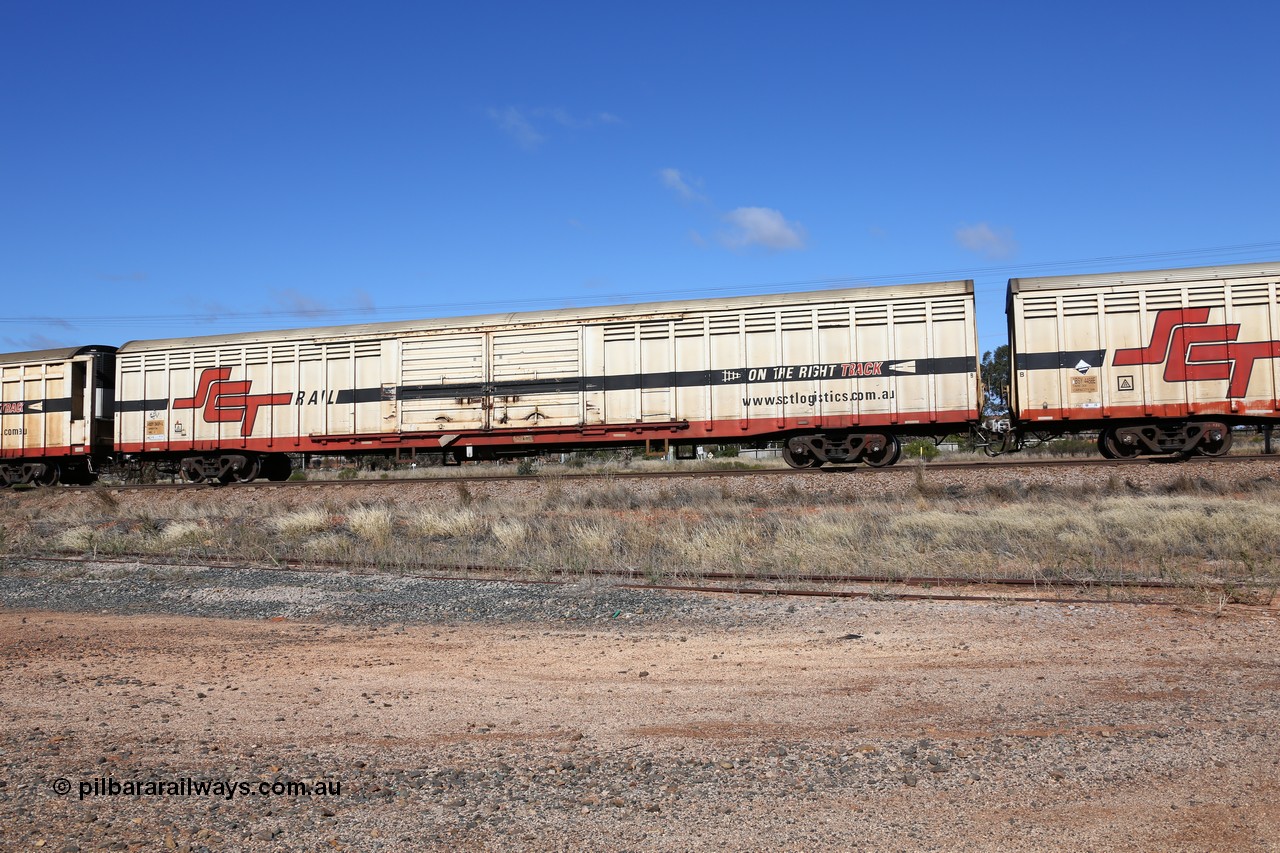 160522 2256
Parkeston, SCT train 6MP9 operating from Melbourne to Perth, ABSY type ABSY 2455 covered van, originally built by Mechanical Handling Ltd SA in 1971 for Commonwealth Railways as VFX type recoded to ABFX and then RBFX to SCT as ABFY before being converted by Gemco WA to ABSY type in 2004/05.
Keywords: ABSY-type;ABSY2455;Mechanical-Handling-Ltd-SA;VFX-type;ABFX-type;RBFY-type;ABFY-type;