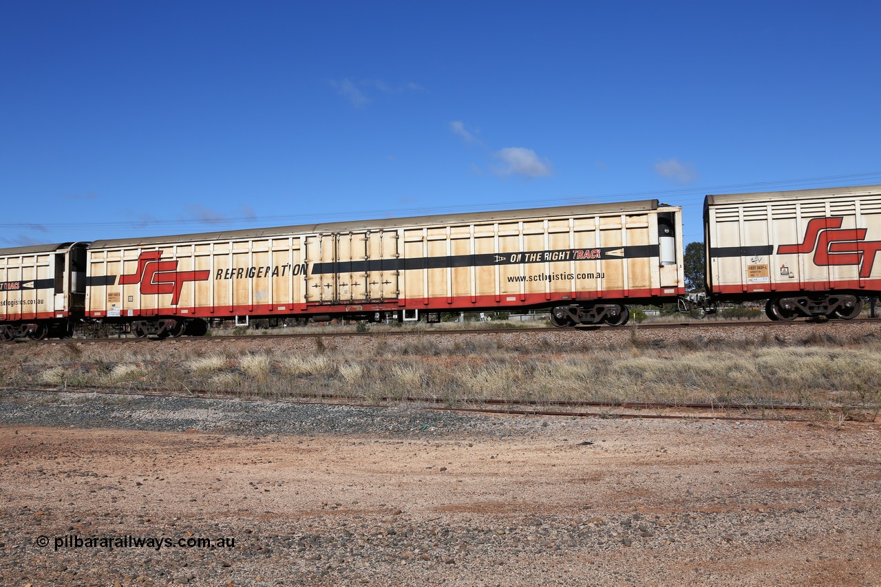 160522 2257
Parkeston, SCT train 6MP9 operating from Melbourne to Perth, ARBY type ARBY 2682 refrigerated van, originally built by Comeng NSW in 1973 as a VFX type covered van for Commonwealth Railways, recoded to ABFX, RBFX and finally converted from ABFY by Gemco WA in 2004/05 to ARBY.
Keywords: ARBY-type;ARBY2682;Comeng-NSW;VFX-type;ABFY-type;