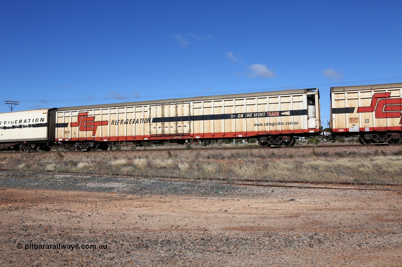 160522 2258
Parkeston, SCT train 6MP9 operating from Melbourne to Perth, ARBY type ARBY 2833 refrigerated van, originally built by Carmor Engineering SA in 1976 as a VFX type covered van for Commonwealth Railways, recoded to ABFX, ABFY, RBFX and finally converted from ABFY by Gemco WA in 2004/05 to ARBY.
Keywords: ARBY-type;ARBY2833;Carmor-Engineering-SA;VFX-type;ABFY-type;