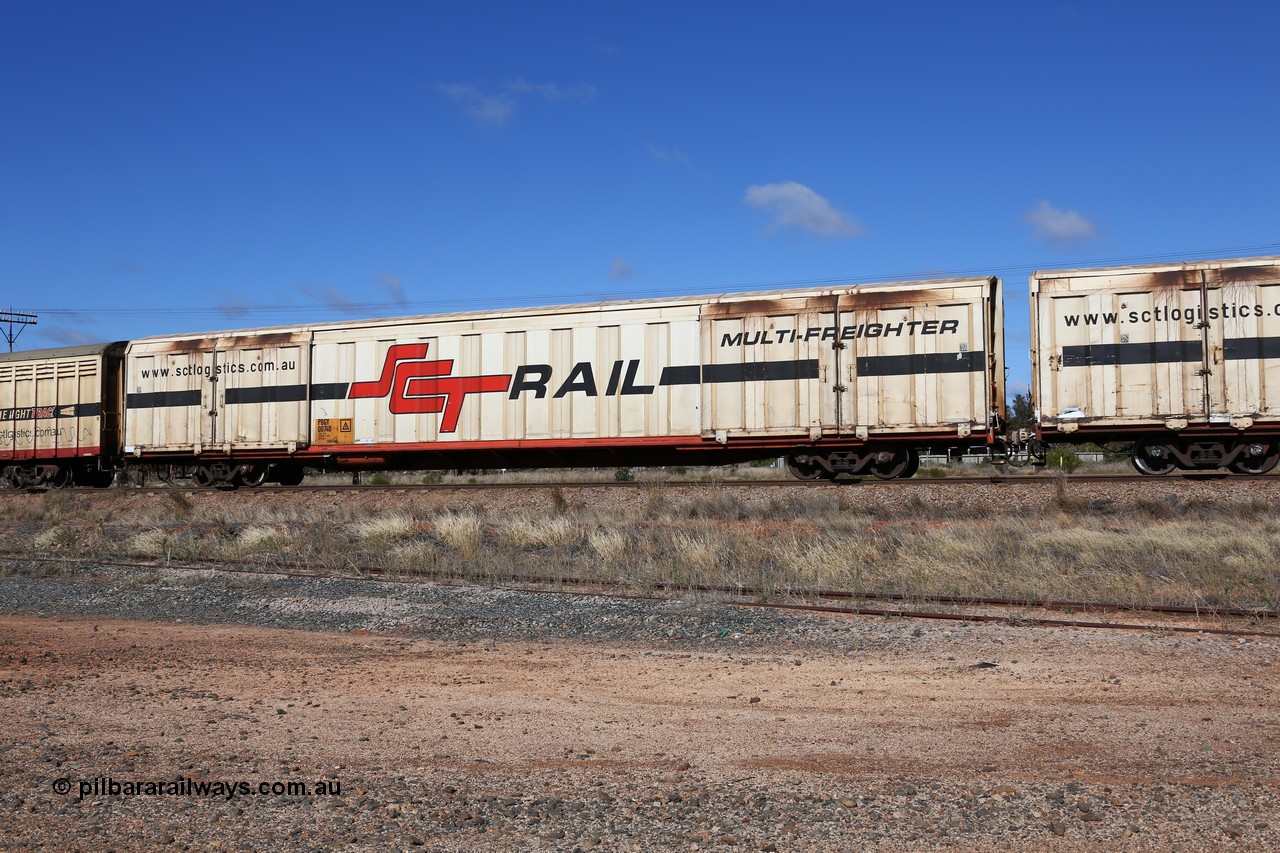160522 2271
Parkeston, SCT train 6MP9 operating from Melbourne to Perth, PBGY type covered van PBGY 0074 Multi-Freighter, one of eighty two waggons built by Queensland Rail Redbank Workshops in 2005.
Keywords: PBGY-type;PBGY0074;Qld-Rail-Redbank-WS;