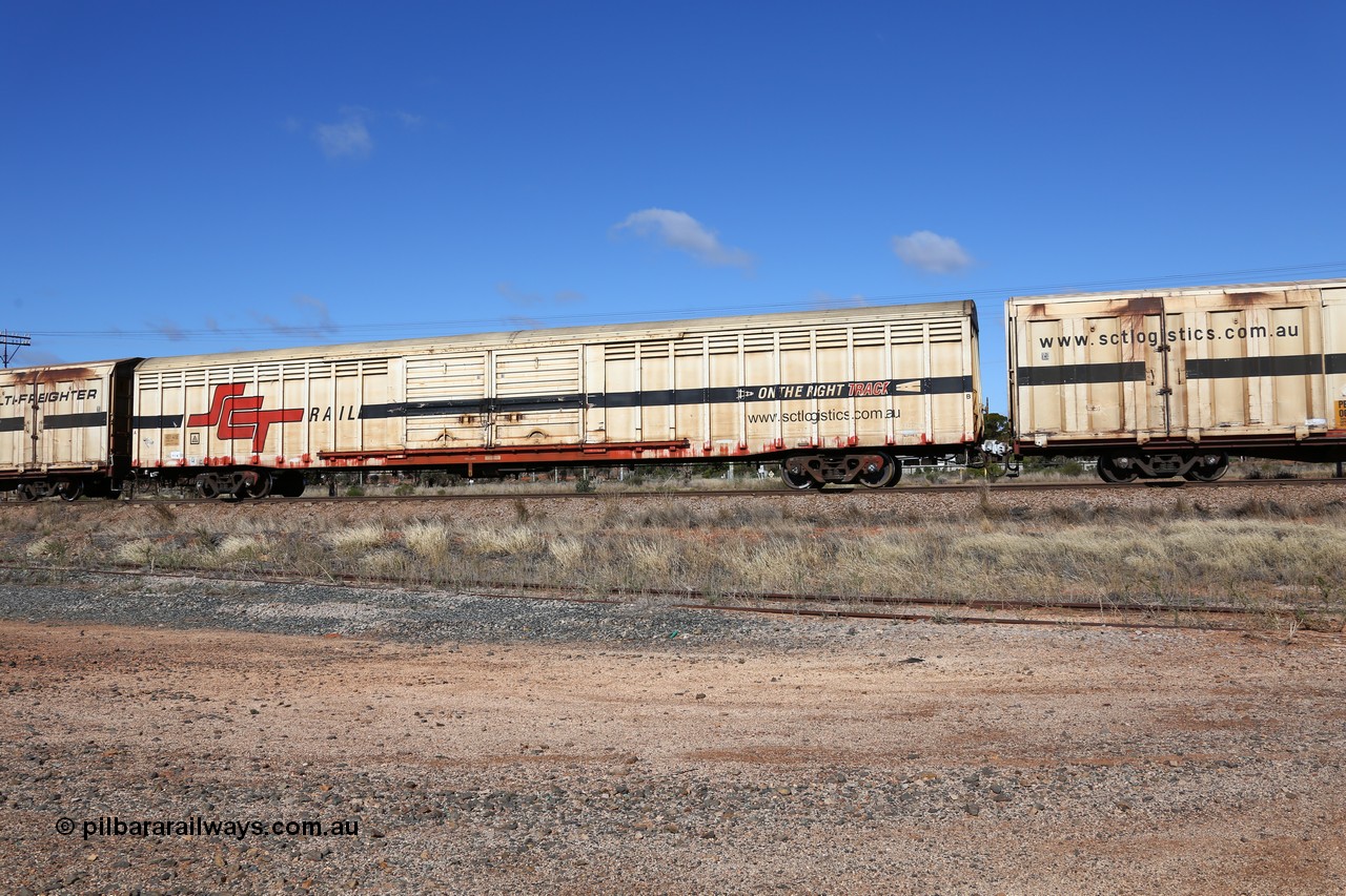 160522 2283
Parkeston, SCT train 6MP9 operating from Melbourne to Perth, ABSY type ABSY 4419 covered van, originally built by Comeng WA in 1977 for Commonwealth Railways as VFX type, recoded to ABFX and RBFX to SCT as ABFY before conversion by Gemco WA to ABSY in 2004/05.
Keywords: ABSY-type;ABSY4419;Comeng-WA;VFX-type;ABFX-type;RBFX-type;ABFY-type;