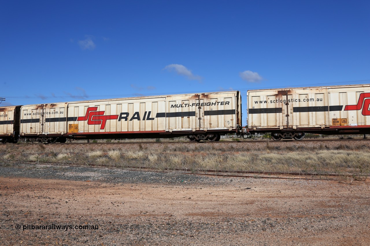 160522 2285
Parkeston, SCT train 6MP9 operating from Melbourne to Perth, PBGY type covered van PBGY 0004 Multi-Freighter, one of eighty two waggons built by Queensland Rail Redbank Workshops in 2005.
Keywords: PBGY-type;PBGY0004;Qld-Rail-Redbank-WS;