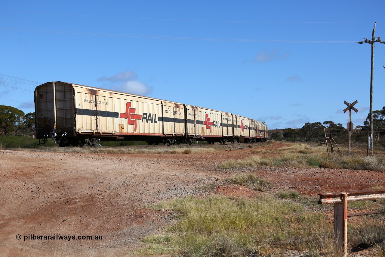 160522 2287
Parkeston, SCT train 6MP9 operating from Melbourne to Perth, PBGY type covered van PBGY 0157 Multi-Freighter, one of eighty units built by Gemco WA, view of the rear of train as it runs up the hill towards West Kalgoorlie.
Keywords: PBGY-type;PBGY0157;Gemco-WA;