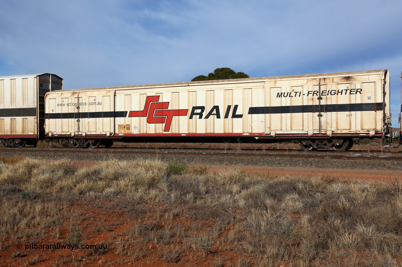 160523 2844
Parkeston, SCT train 7GP1 which operates from Parkes NSW (Goobang Junction) to Perth, PBGY type covered van PBGY 0107 Multi-Freighter, one of eighty units built by Gemco WA.
Keywords: PBGY-type;PBGY0107;Gemco-WA;