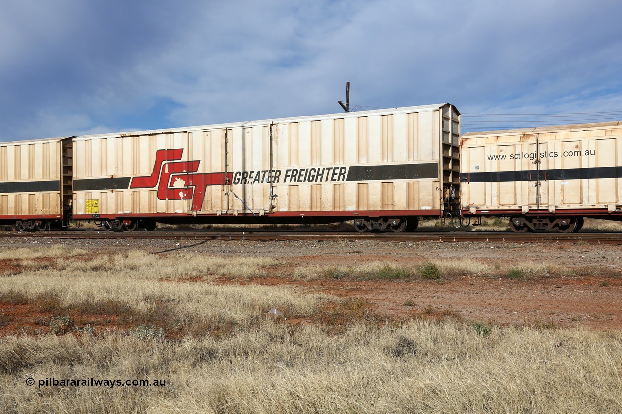 160523 2874
Parkeston, SCT train 7GP1 which operates from Parkes NSW (Goobang Junction) to Perth, PBHY type covered van PBHY 0002 Greater Freighter, one of thirty five units built by Gemco WA in 2005.
Keywords: PBHY-type;PBHY0002;Gemco-WA;