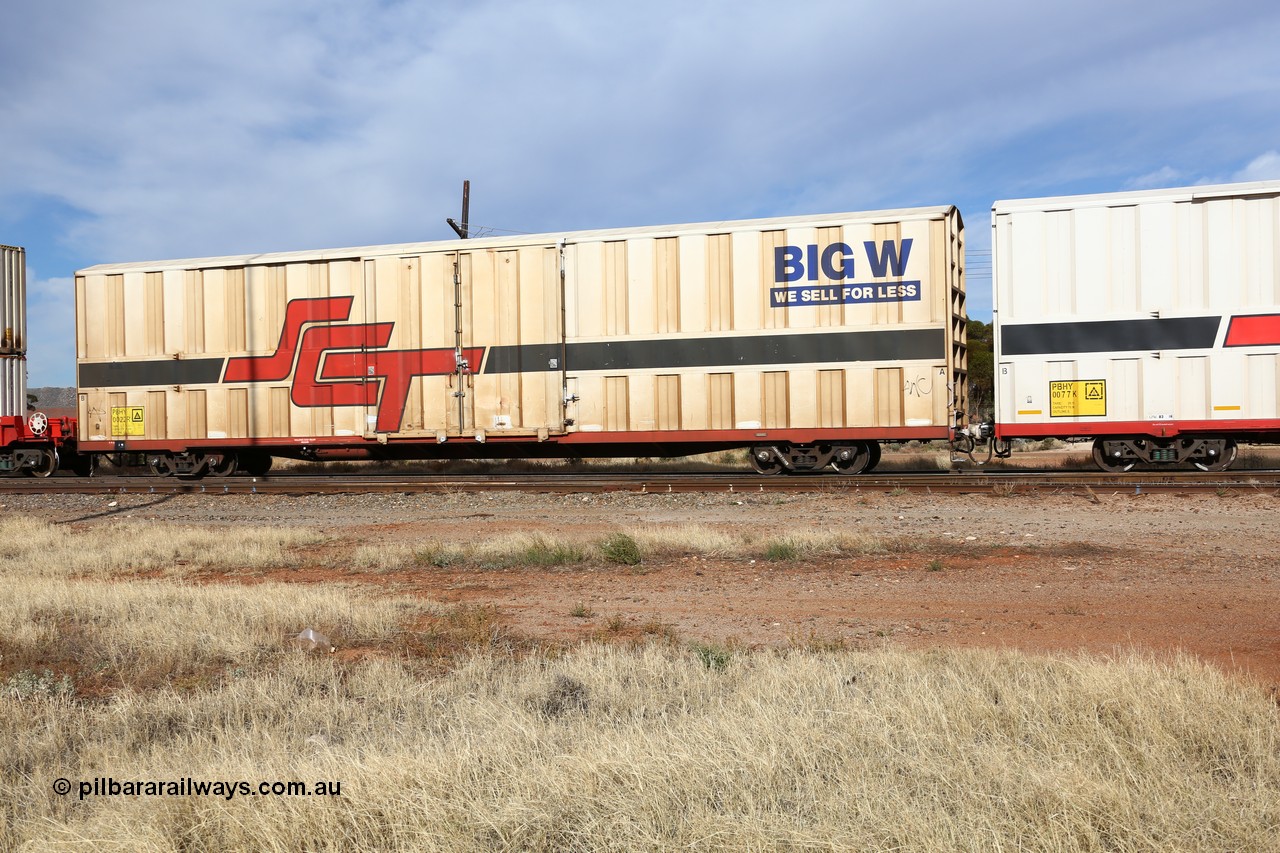 160523 2900
Parkeston, SCT train 7GP1 which operates from Parkes NSW (Goobang Junction) to Perth, PBHY type covered van PBHY 0022 Greater Freighter, one of thirty five units built by Gemco WA in 2005 without the Greater Freighter signage but with Big W We Sell For Less logo.
Keywords: PBHY-type;PBHY0022;Gemco-WA;